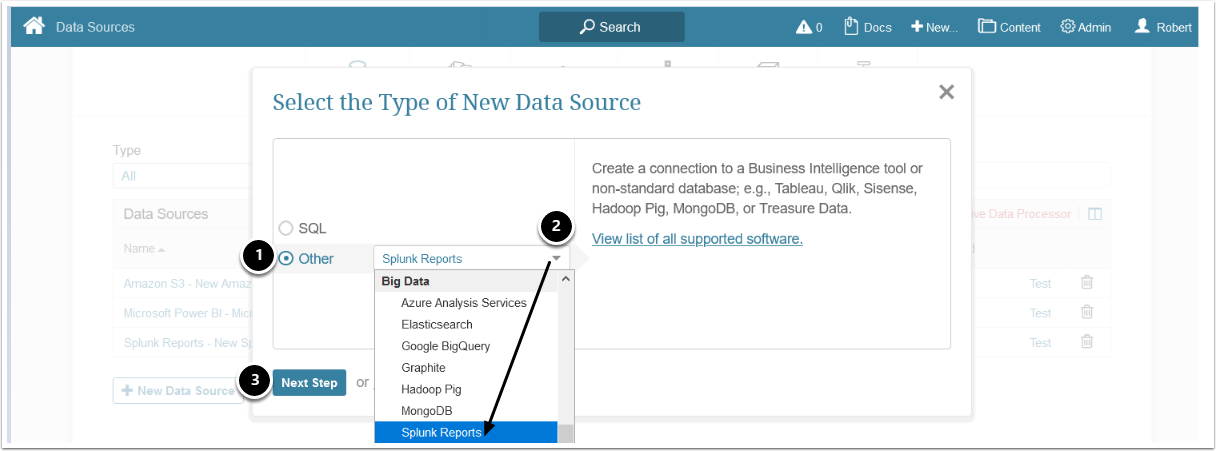 Select "Other" Data Source Type and choose "Splunk" from the drop-down list
