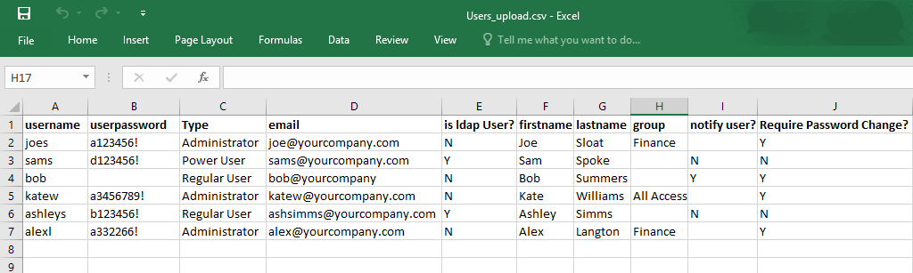Example of Sample CSV file in Excel format