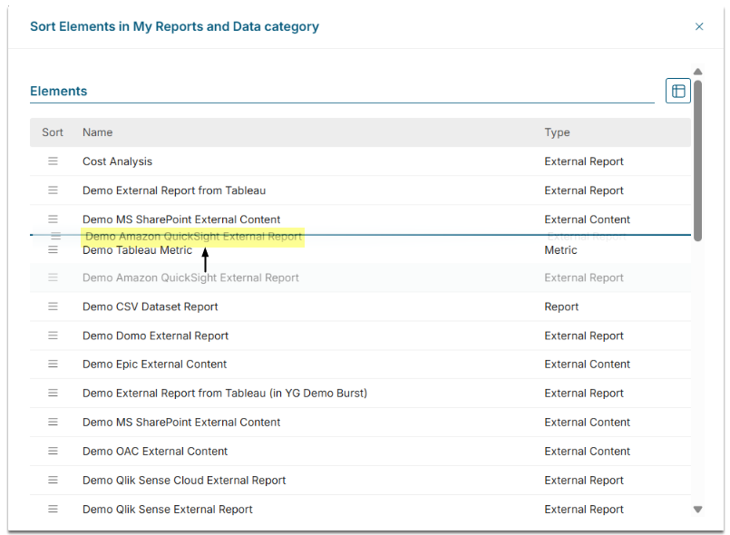 Drag and drop rows to set the required element order