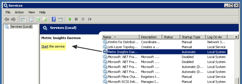 Find the Metric Insights Daemon and start the service