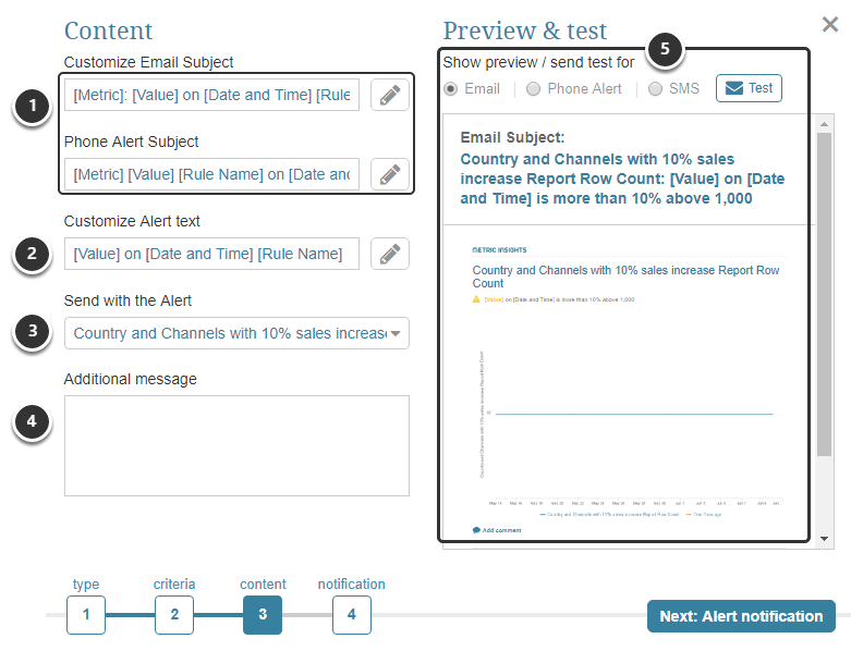 Select exactly what the Content of Alert will contain